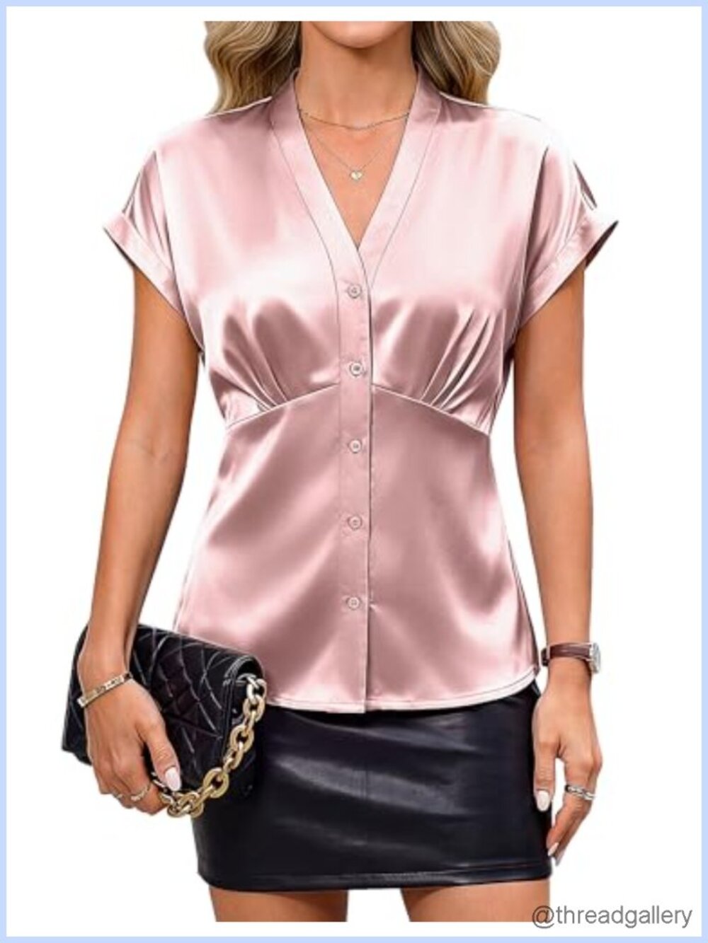 Satin Button Down Blouse Cap Sleeve Tie Back Business Top